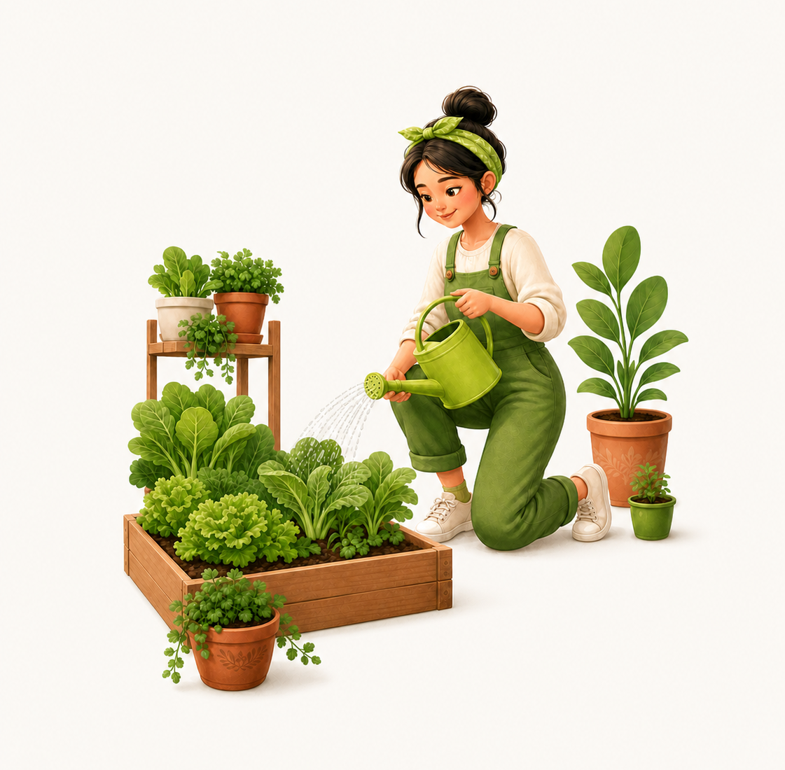 Ilustrasi seorang perempuan menghadap ke kiri sambil menyirami sayuran di kebun rumah
